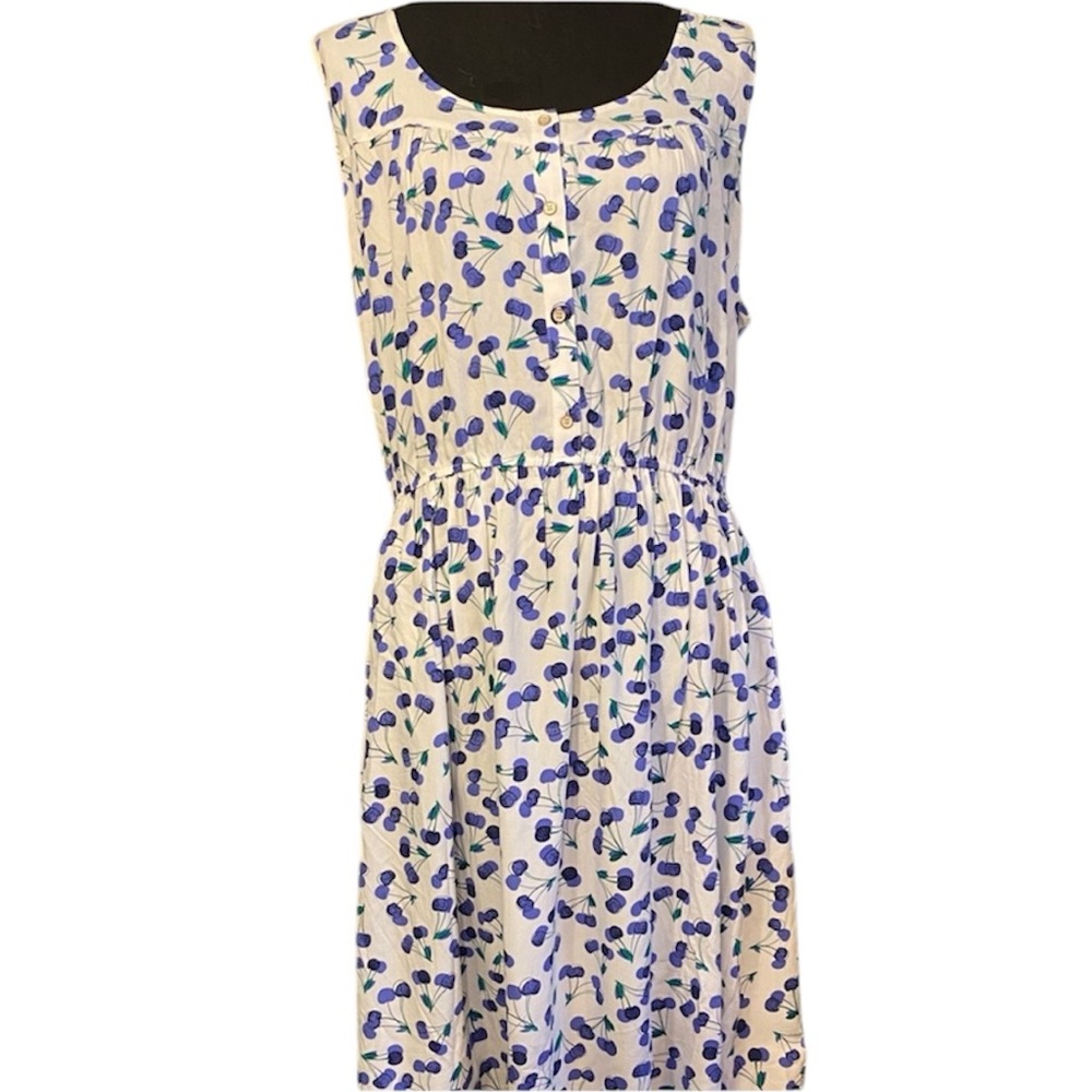 SOLD EUC Maison Jules White Sleeveless Dress with Blue Cherry Print Sz S